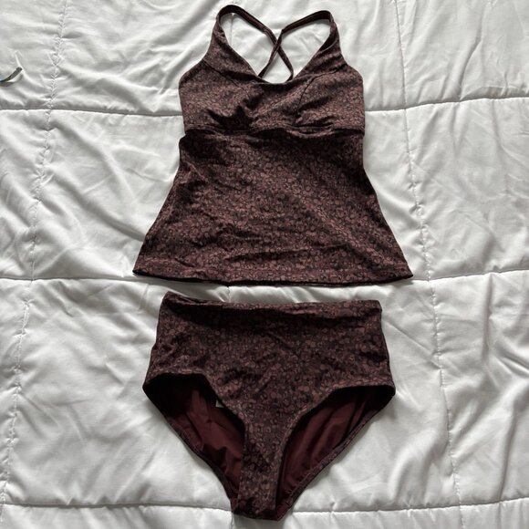 Athleta Tankini Top W/ High Waisted Bottoms Womens Size Small Floral Maroon Swim - Picture 1 of 12